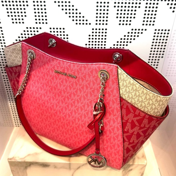 Michael Kors Jet Set LG Color-Block Signature Logo Shoulder Bag Dark Rasberry - Picture 8 of 11